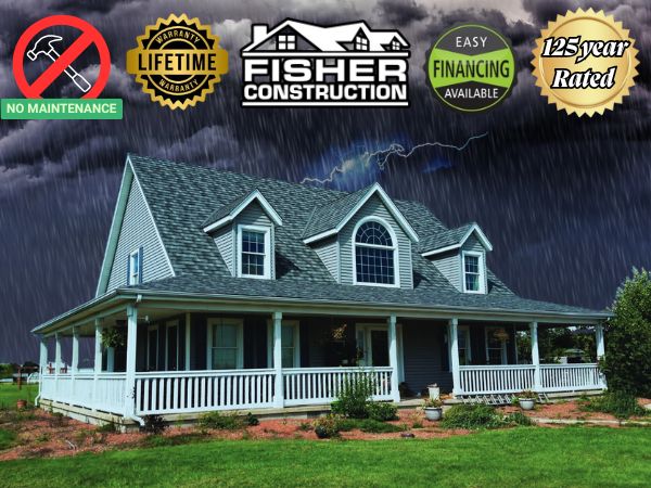Gray metal roofing on a house under stormy sky with Fisher Construction lifetime warranty and 125-year rating