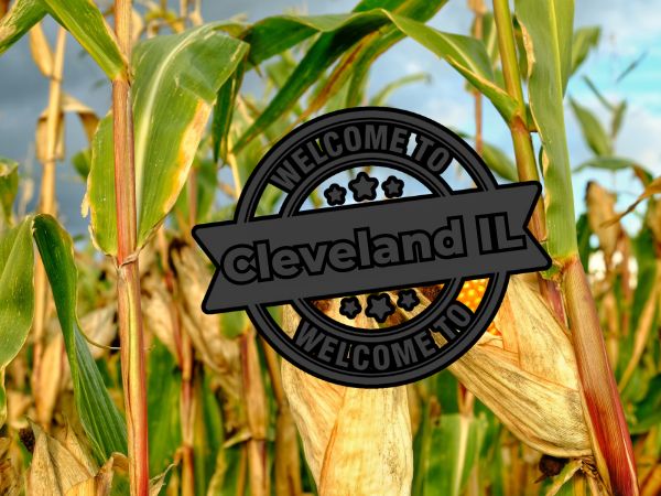 Cornfield with a 'Welcome to Cleveland, IL' sign, featuring a corn cob graphic, for a Cleveland, IL roofing, windows, and siding company.