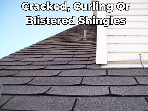 Close-up of an asphalt roof with cracked, curling, and blistered shingles near house siding — showing signs of aging and weather damage requiring professional roof repair or replacement.