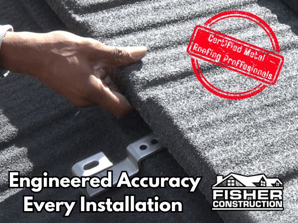 Certified Fisher Construction installing dark gray stone-coated metal roofing with engineered accuracy