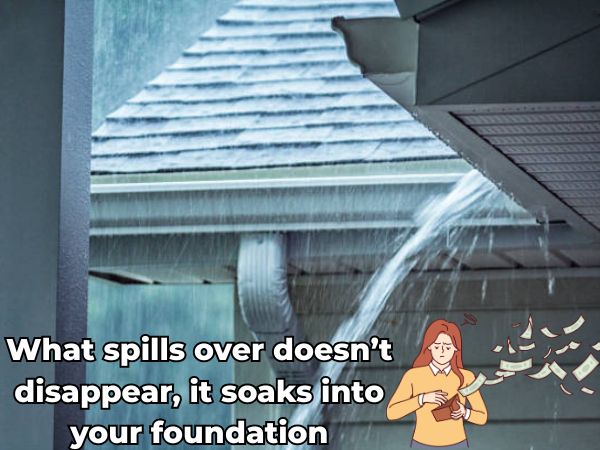 Overflowing gutter spilling water with 'What spills over doesn’t disappear, it soaks into your foundation' warning and cartoon woman for gutter maintenance awareness