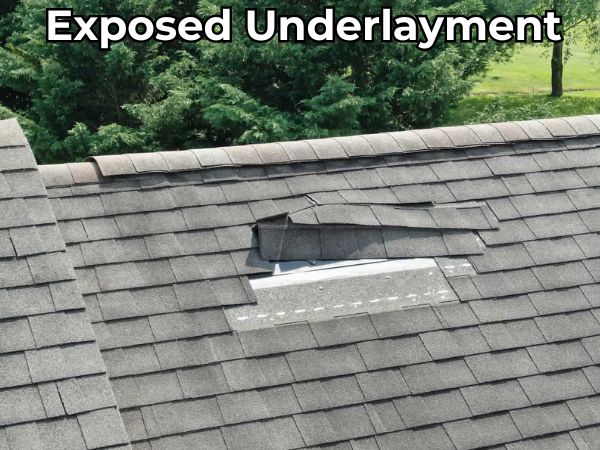 Roof with missing shingles revealing exposed underlayment, highlighting potential vulnerability to water intrusion and the need for urgent roof repair or replacement.