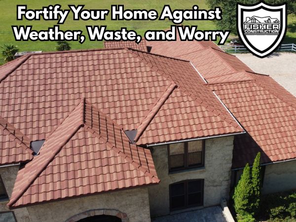 Reddish-brown metal roofing on a stone house by Fisher Construction to fortify against weather and waste