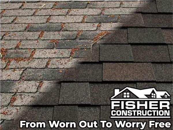Malarkey asphalt shingles in dark gray by Fisher Construction, transforming a worn-out roof to worry-free