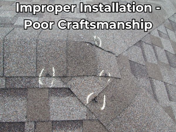 Close-up of roof shingles marked to highlight improper installation and poor craftsmanship, with misaligned seams and exposed nails — a common cause of premature roof failure.