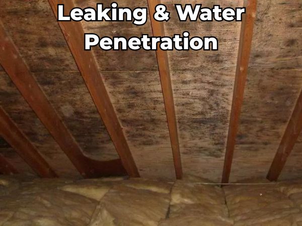 Attic ceiling with visible water stains and darkened wood from roof leaks and water penetration — indicating serious roofing damage requiring immediate attention and repair.