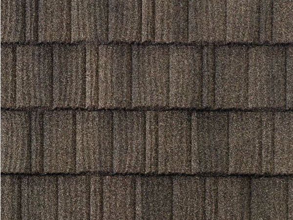 Timberwood metal shake roofing in a deep brown hue for a natural, enduring roof by skilled roofing experts