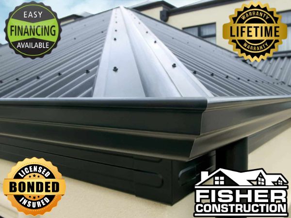 Fisher Construction gutter system on a metal roof with 'Easy Financing,' 'Lifetime Warranty,' and 'Licensed, Bonded, Insured' badges for trusted gutter services