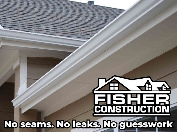 Fisher Construction seamless gutter on a shingle roof with 'No Seams, No Leaks, No Guesswork' slogan for dependable gutter installation