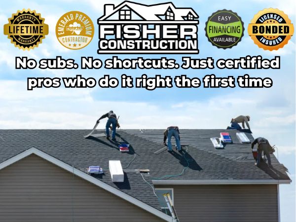 Fisher Construction certified pros installing dark gray roofing with no shortcuts and lifetime warranty