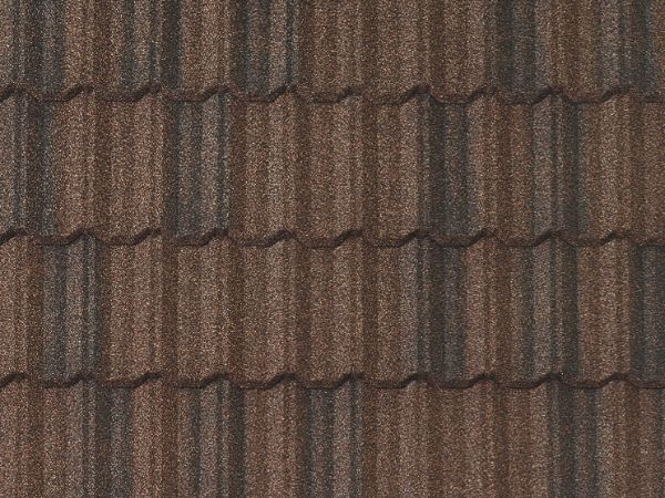Barclay Pacific Tile stone-coated metal roofing with rustic reddish-brown wave pattern