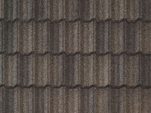 Timberwood Pacific Tile stone-coated metal roofing with rustic gray-brown wave contours