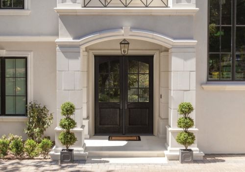 Steel and fiberglass entry door with glass panels, framed by an arched stone entryway, flanked by two topiary shrubs in pots.