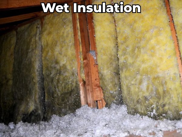 Attic insulation saturated with moisture and darkened from water damage — a result of roof leaks or poor ventilation that reduces energy efficiency and promotes mold growth.
