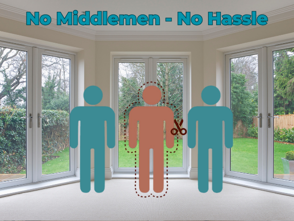 Large windows in a room with a garden view, featuring an illustration of three figures with text 'No Middlemen - No Hassle,' highlighting direct service.