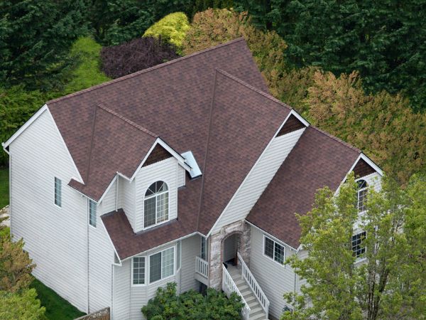 House with Malarkey Windsor Antique Brown shingle roof in deep brown, surrounded by greenery and stone accents