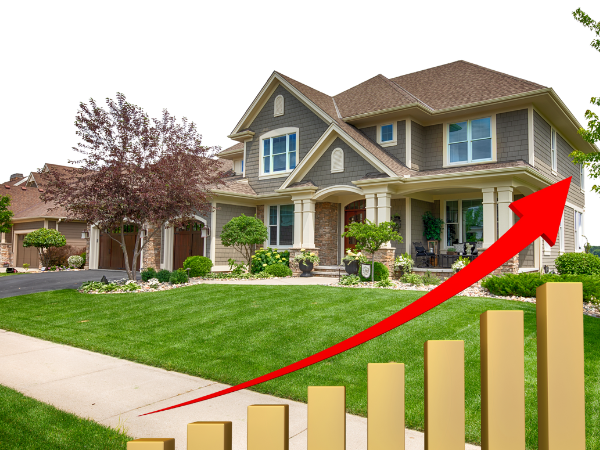 Beautiful home with new siding, roofing, and windows showing increased property value, represented by upward trending red arrow and gold bar graph.