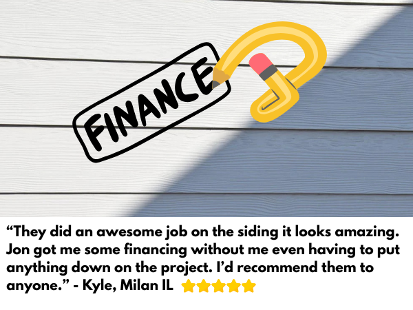 Customer testimonial about siding installation and zero-down financing from Fisher Construction, featuring a finance graphic over blue vinyl siding.