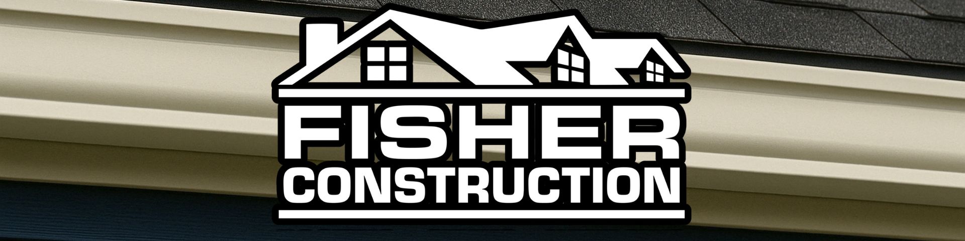 Fisher Construction logo on a gutter system with a shingle roof backdrop for top-notch gutter installation