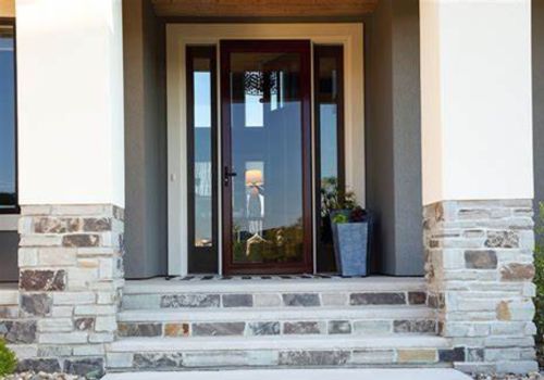 Storm door with full glass panel, set in a stone-framed entryway with stone steps and a potted plant nearby.