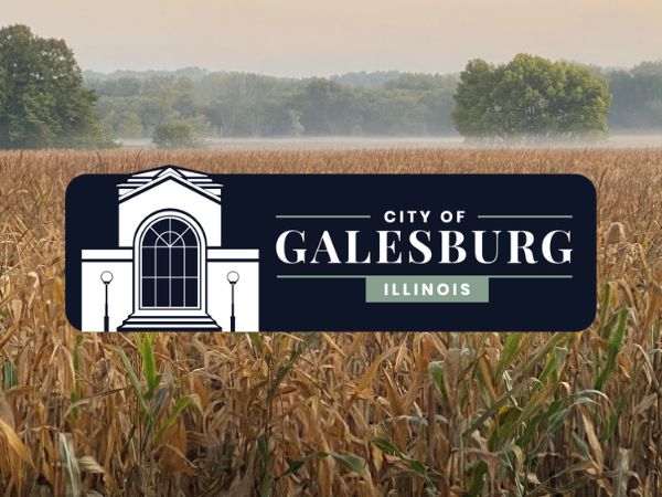 City of Galesburg logo with historic building icon and cornfield background for roofing services