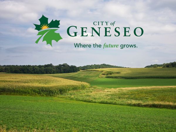 City of Geneseo logo with green fields and 'Where the future grows' tagline for roofing services
