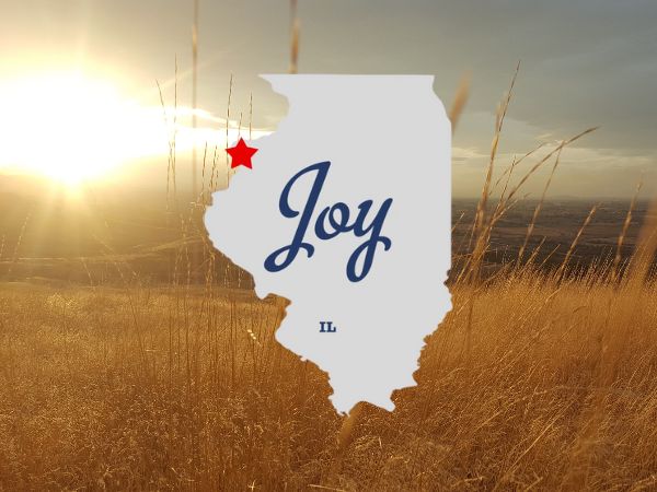 Joy, Illinois map with star marker and sunset prairie background for roofing services