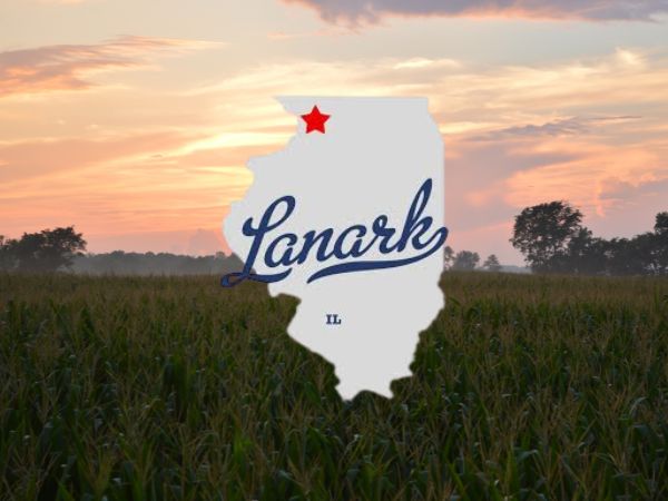 Lanark, Illinois map with star marker and rural landscape background for roofing services