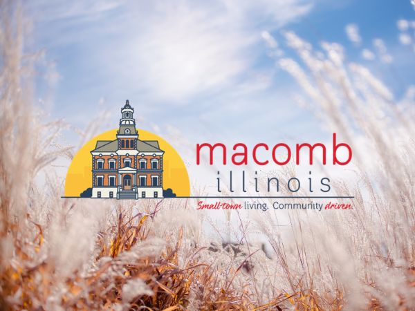 Macomb, Illinois city logo with courthouse illustration and small-town community tagline for roofing services