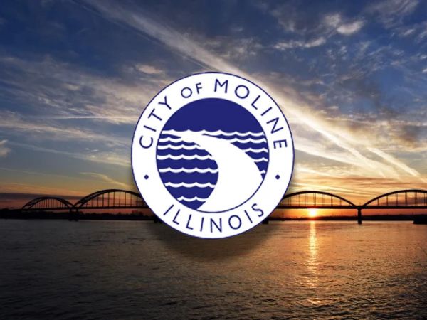 City of Moline logo with roofing company services backdrop, featuring a sunset over the river and bridges