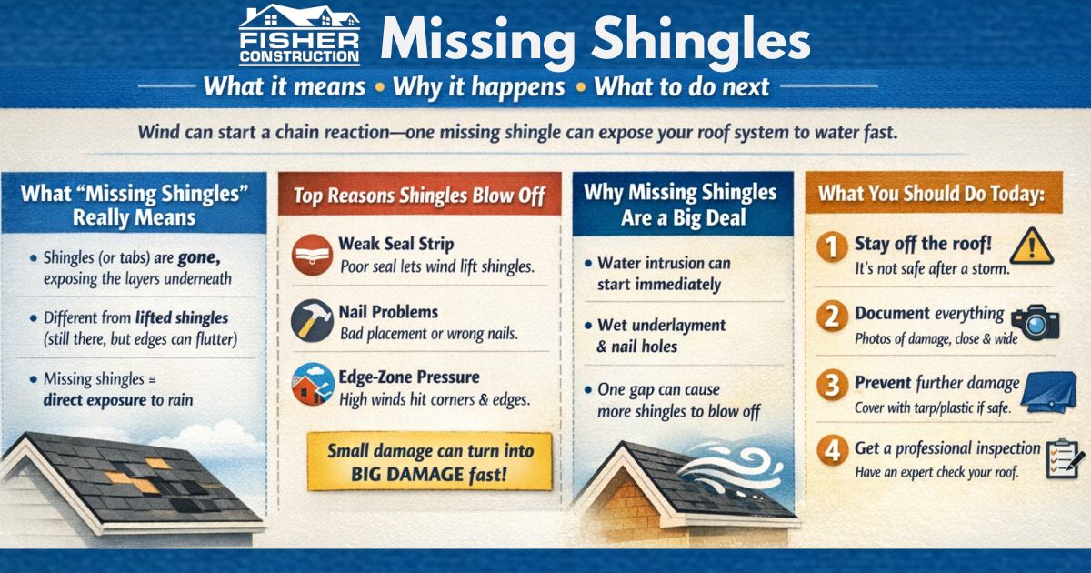 Infographic that explains the causes and conditions of missing shingles.