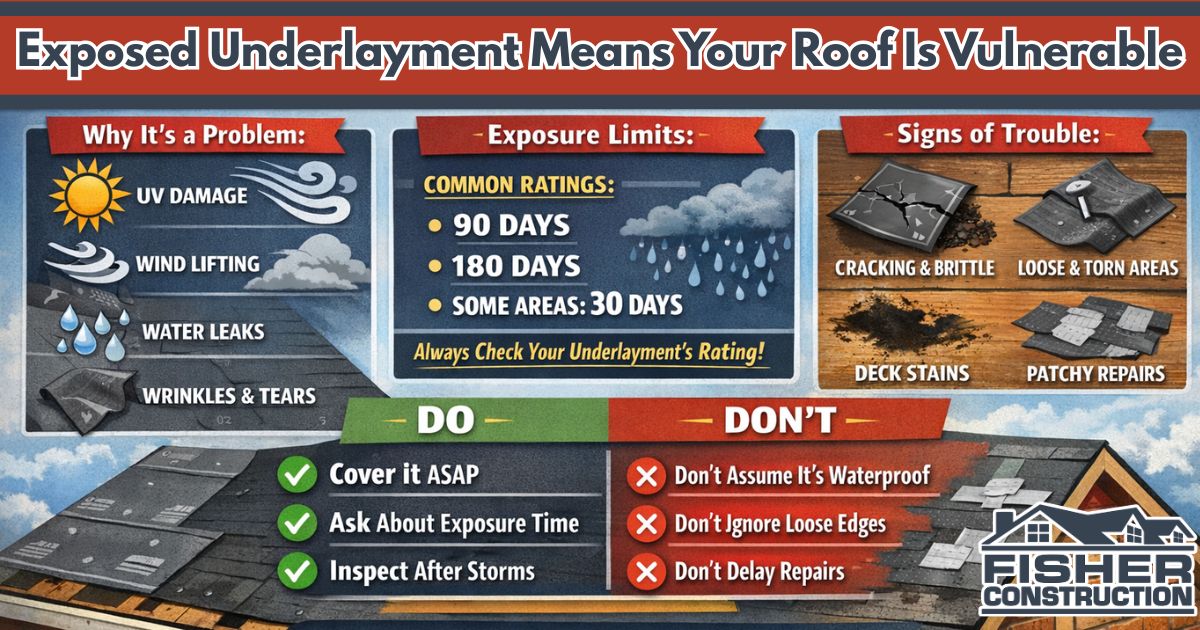 Infographic about roof underlayment and the dangers of leaving it exposed.
